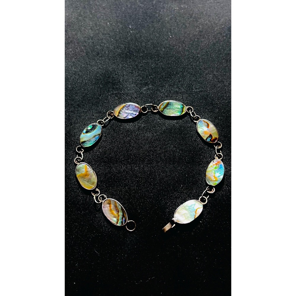 Vintage Taxco Mexico Eagle 3 950 Silver Abalone Inlay Bracelet 6.5" Oval Link